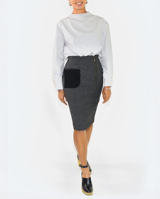 JUPE TEXTUREE A POCHE TROIS-QUARTS en Laine