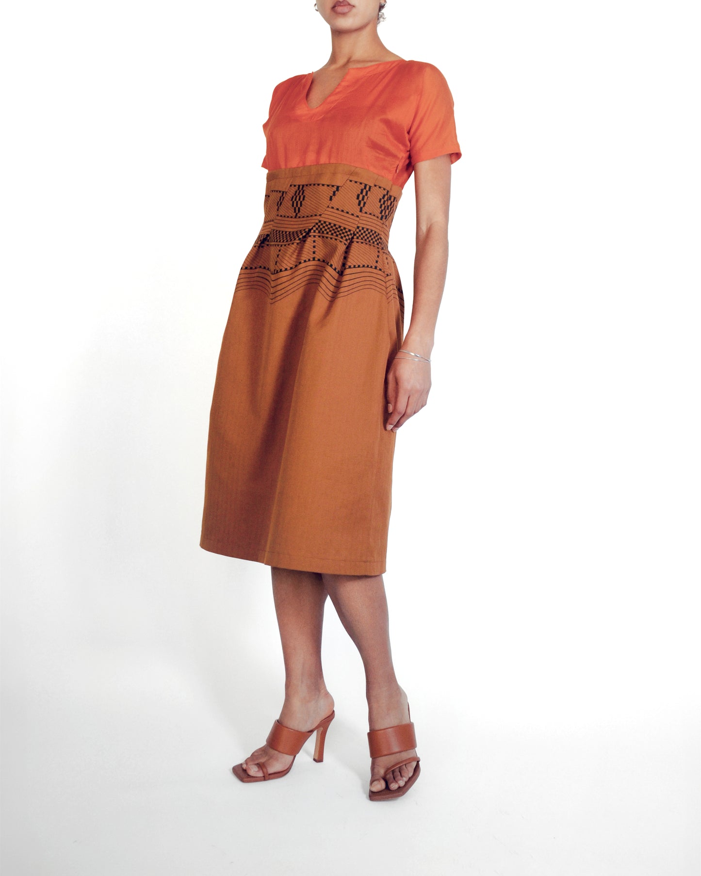 ROBE MIDI BICOLORE orange brûlé et caramel