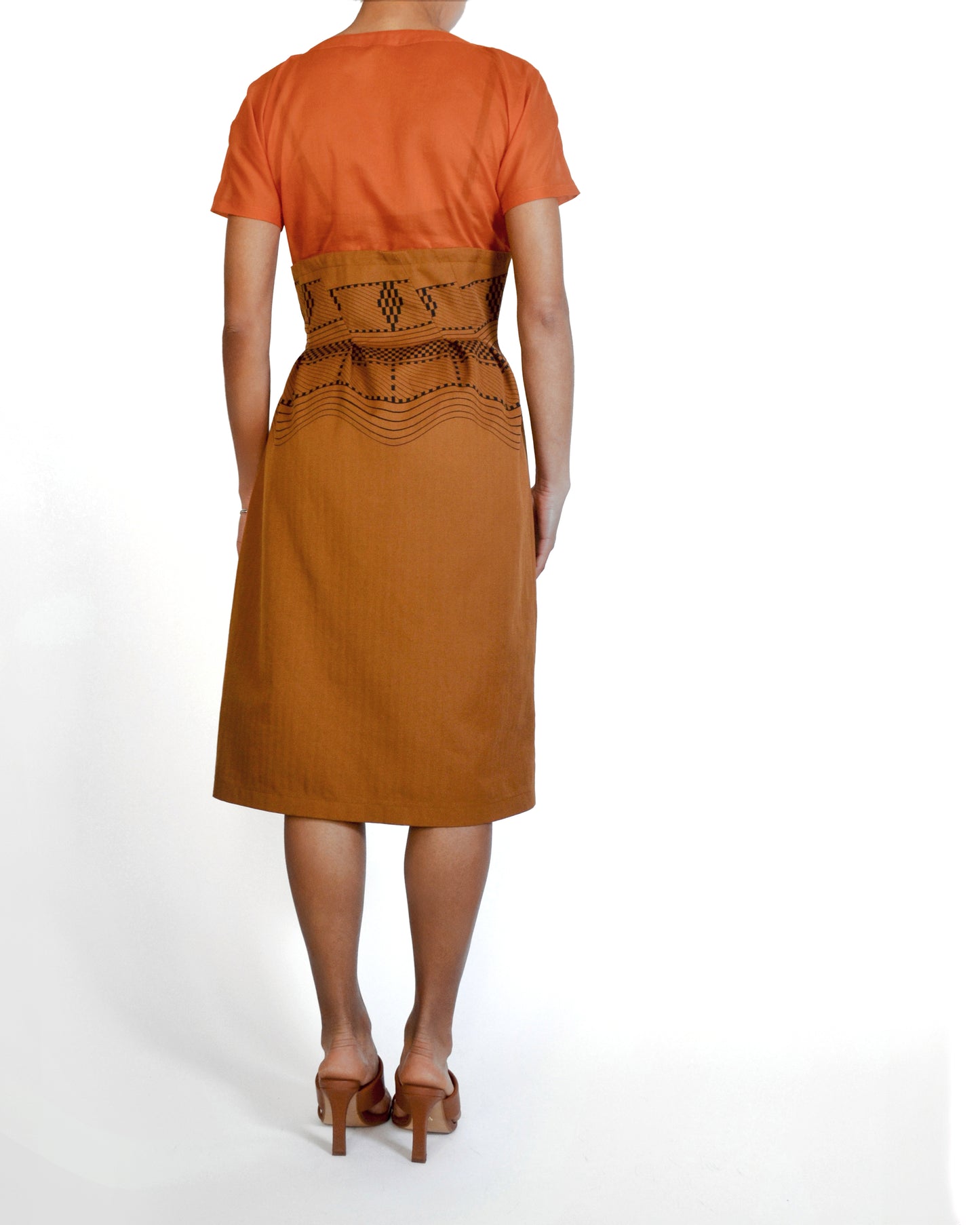 ROBE MIDI BICOLORE orange brûlé et caramel