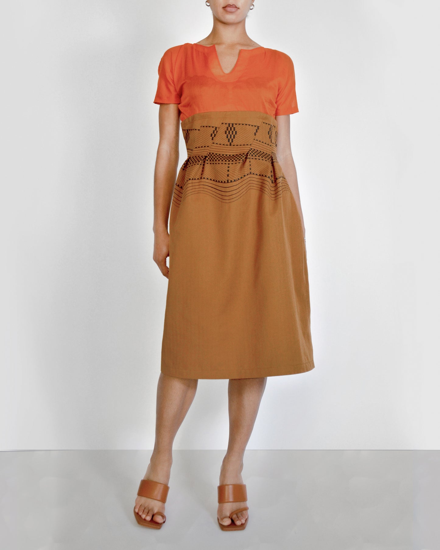 ROBE MIDI BICOLORE orange brûlé et caramel