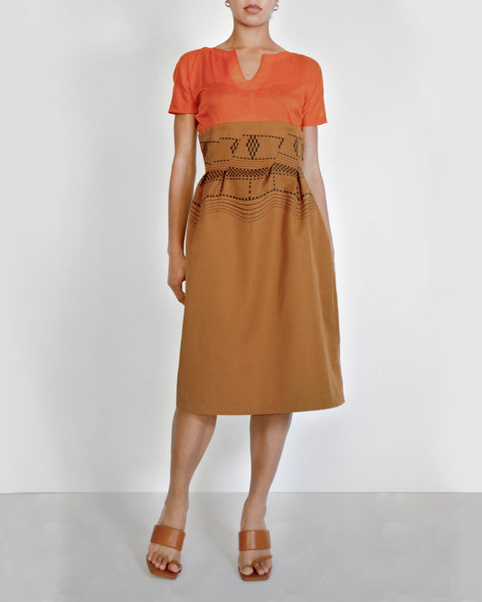 ROBE MIDI BICOLORE orange brûlé et caramel